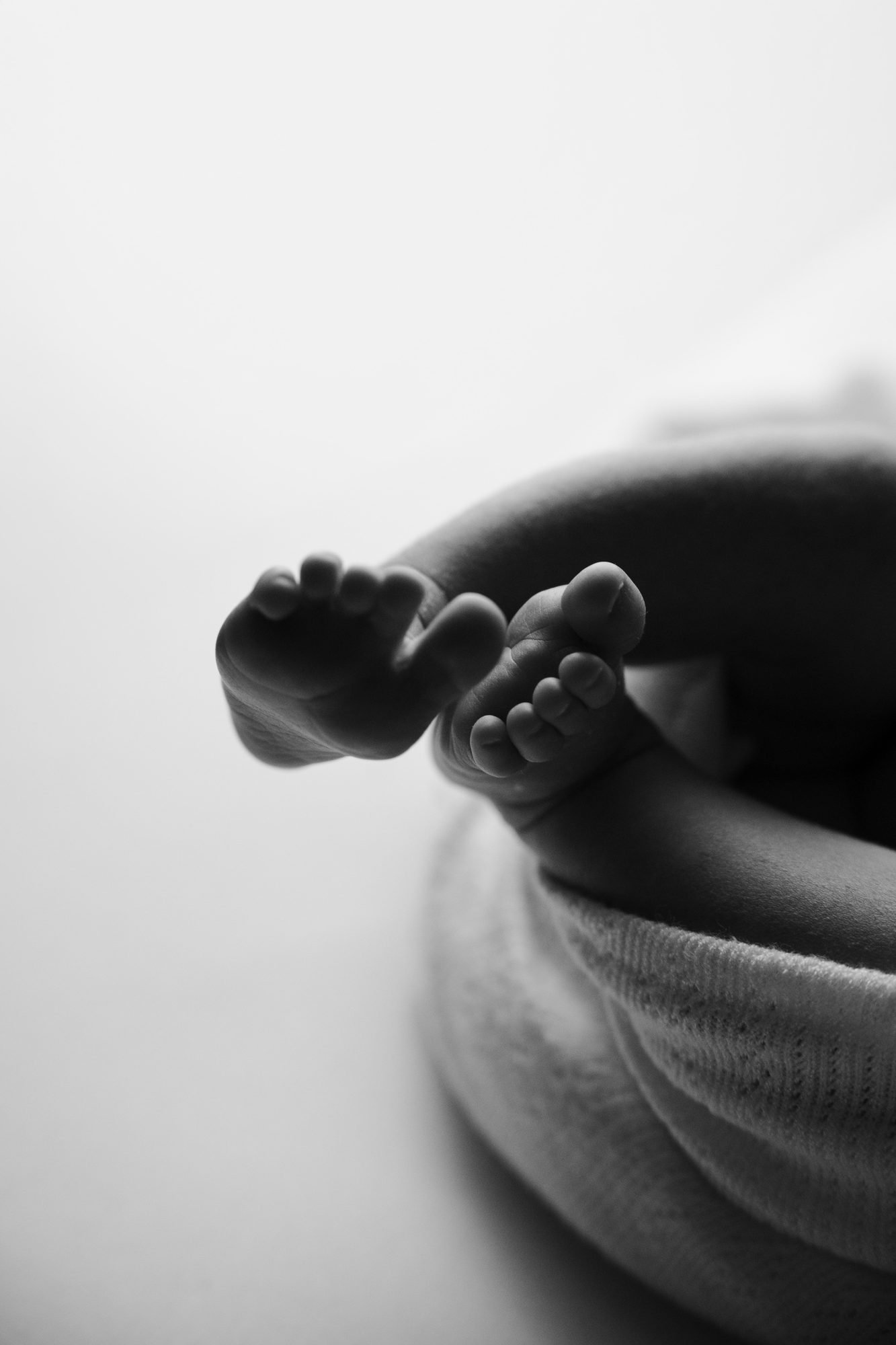Gros plan en noir et blanc sur les pieds d'un nouveau-né emmailloté